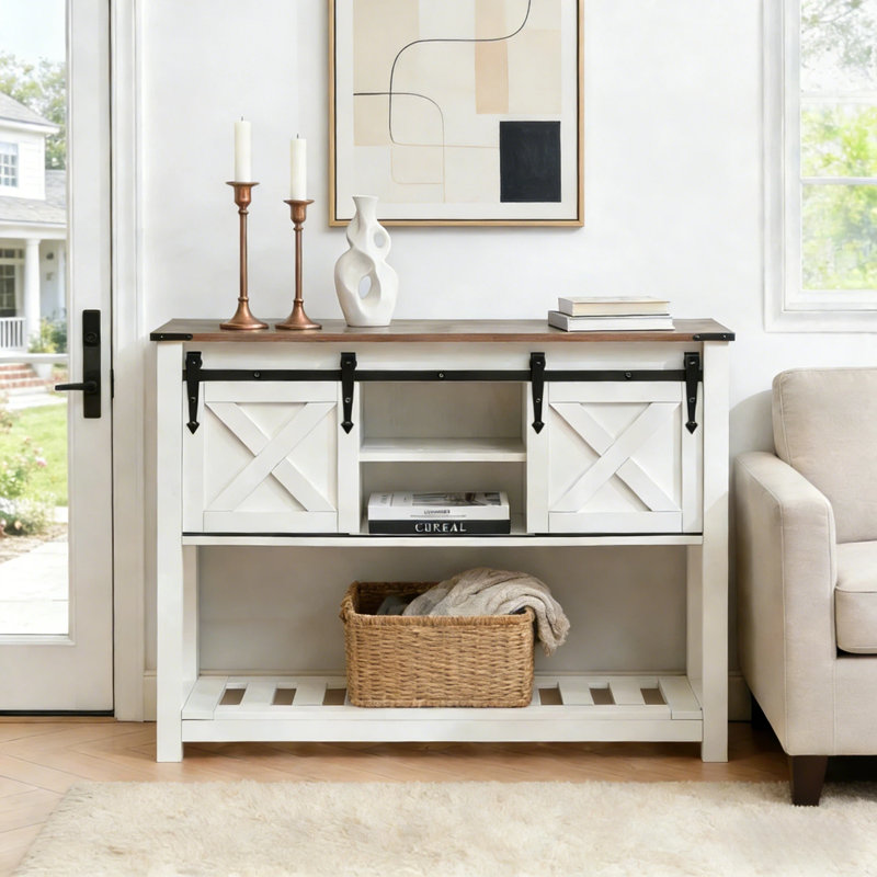 Entryway Table with Storage Shelf, Sliding Barn Doors Console Table for Living Room Hallway, Brun / Blanc