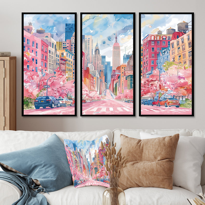 Ensemble de salon rose et bleu, édifices de New York en été - art mural New York, H 12 po x l 28 po x P 1 po