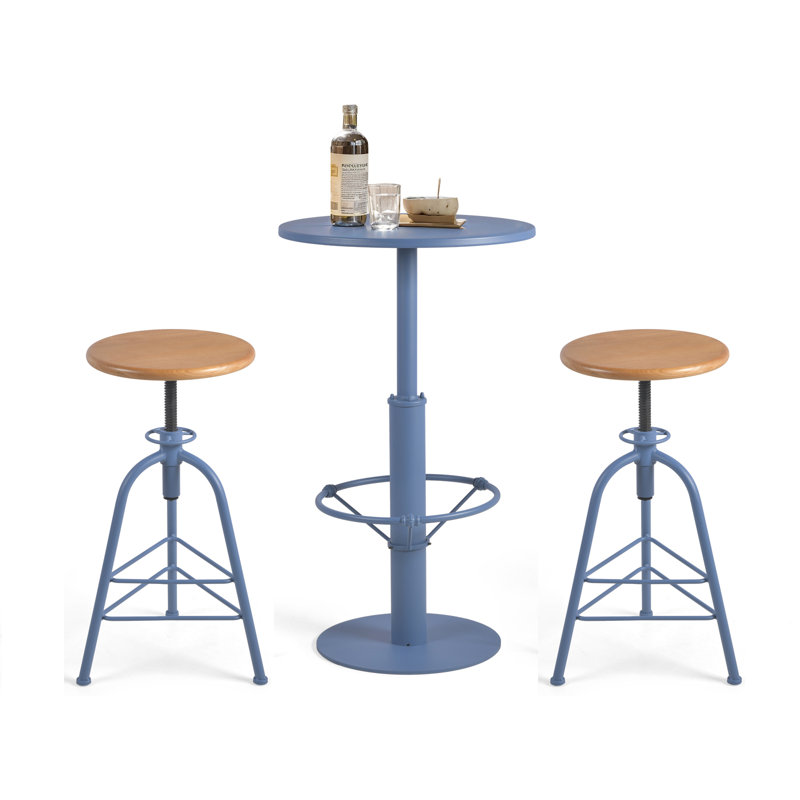 Ensemble de table de bar 3 pièces et 2 tabourets sans dossier pour la cuisine de pub, Bleu