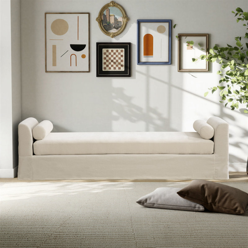 Modern Chenille Upholstered Slipcovered Bench With Two Pillows, Beige