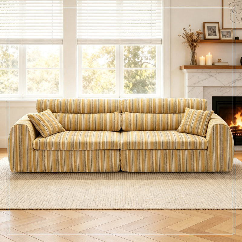 Chenille Striped Compression Sofa with 2 pillows, Yellow+Black