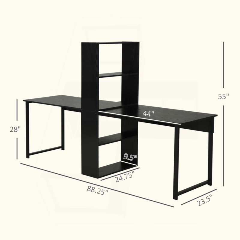 Long bureau d'ordinateur avec tablettes de rangement combinées, double bureau d'écriture pour bureau personnel, bibliothèque