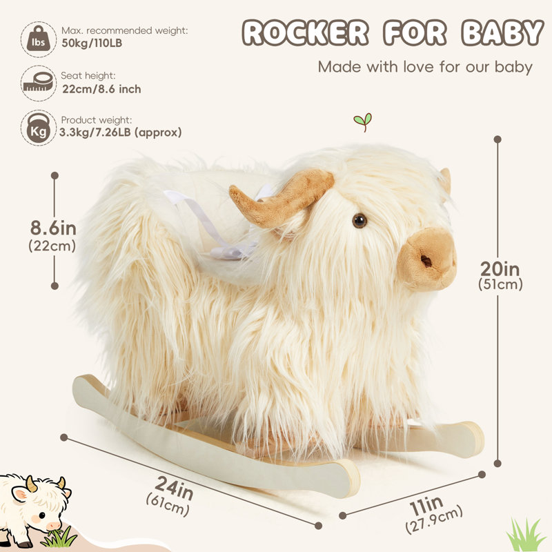 Cheval à bascule en peluche avec base en bois et sangle de sécurité