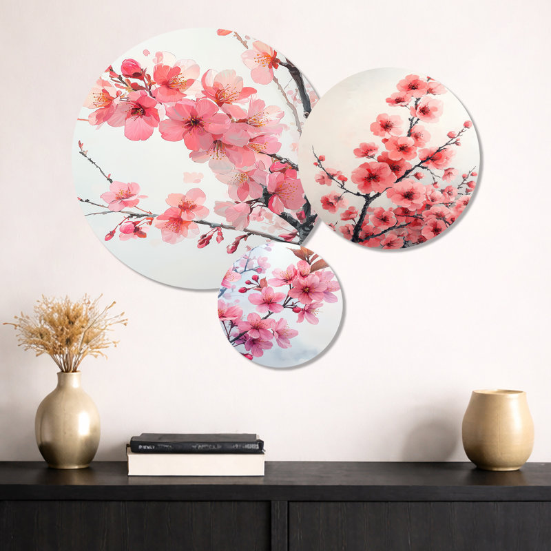 «Pink Cherry Blossoms Summer Embrace I», ensemble d'art mural en métal 3 fleurs de cerisier