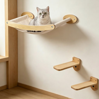 Cat Hammock Bed with 2 Climbing Shelves Wooden Cat Wall Perch for Indoor Cats