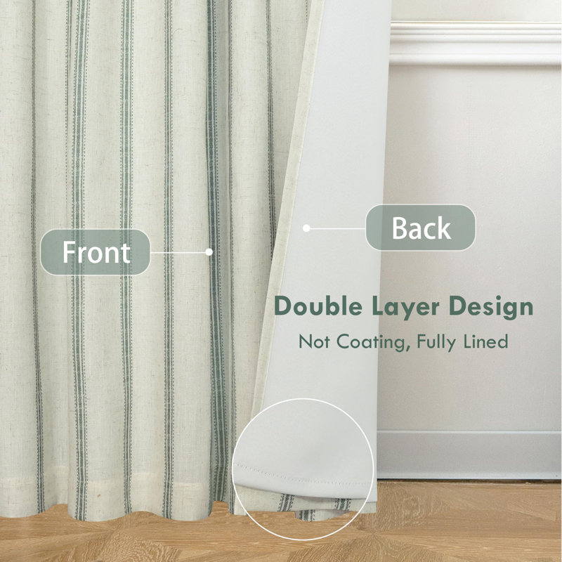 Blackout Curtain Pair, 52" W x 96" L, Loden Green Stripe/Light Linen-Back Tab