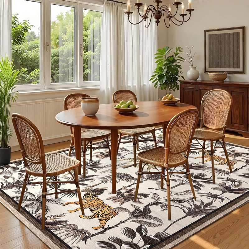 Washable Tiger Runner Rug for Kitchen Non-Slip Non-Shedding Animal Floral Long Carpet, Low Pile Botanical Floor Covering, Foldable Black