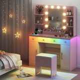 Guram Vanity Set Modern LED Makeup Desk with Mirror, Ten Light Bulbs & Desktop Dazzle Light Adjustable Brightness, 7 Drawers & Stool, Usb Power Outlet