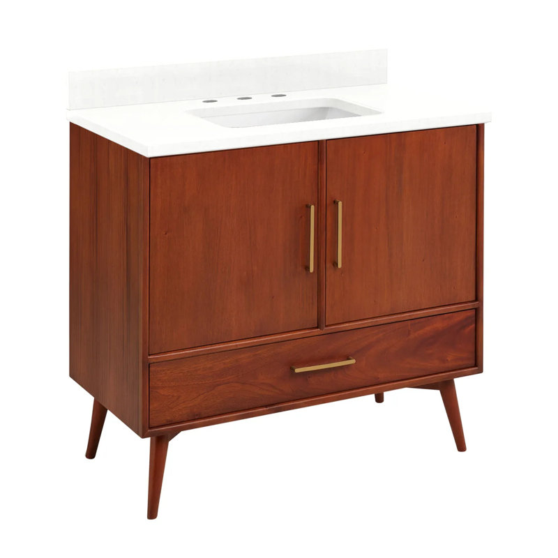 36" Novak Single Bathroom Vanity Set with Rectangular Undermount Sink, Natural Teak, 8" Widespread, Feathered White Quartz
