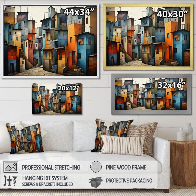 «Cubist Urbanism Horizon», reproduction sur toile, Cadre flottant doré, H 34 po x l 44 po x P 1,5 po
