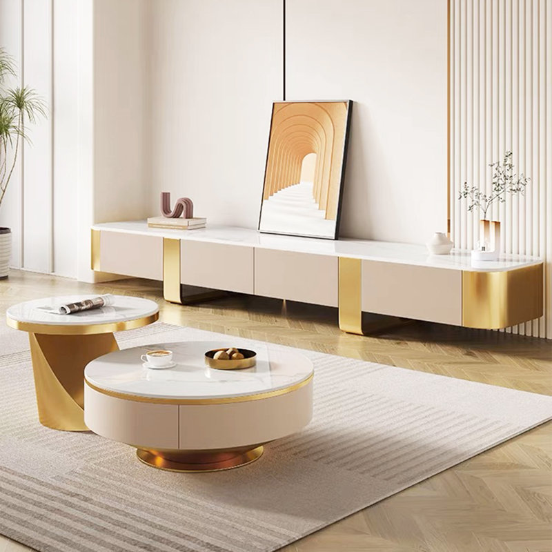 Meuble télé beige 79 po avec fond doré entièrement assemblé pour le salon