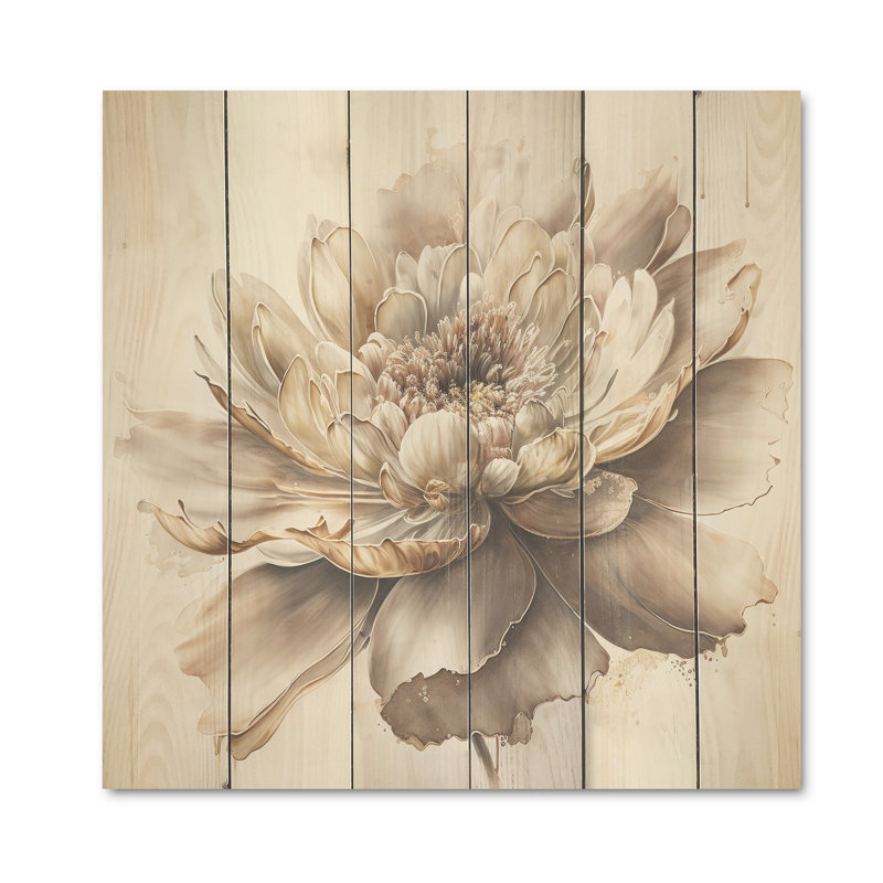 Fleur beige simple I - impression sur bois sans cadre, H 24 po x l 24 po x P 1 po