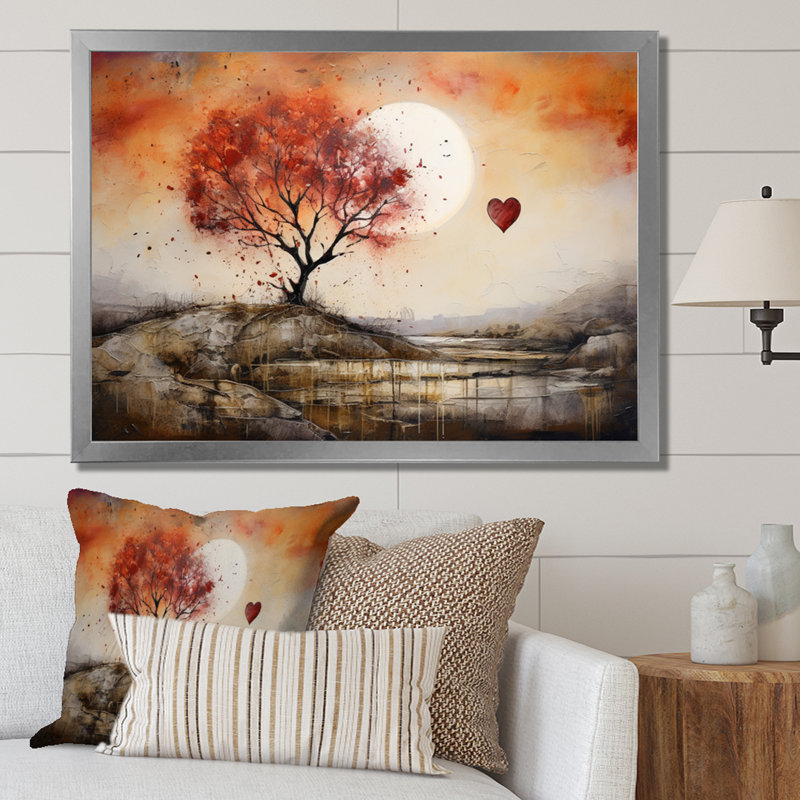 " Romantic Tree Landscape Melting Hearts ", Silver Single Picture Framed, 24" H x 32" W x 1" D
