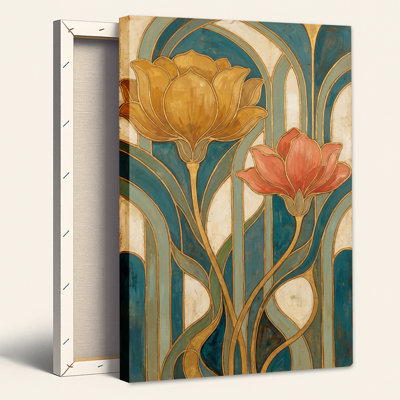 Tableau mural sur toile turquoise et crème représentant des fleurs stylisées jaunes et roses