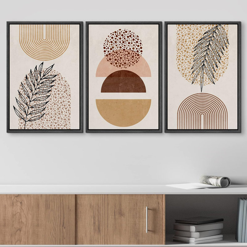 " Boho Geometric Mid-Century Semi Circle Plant Sketch Abstract Illustration Modern Bohemian Decor " 3 - Pieces, Noir