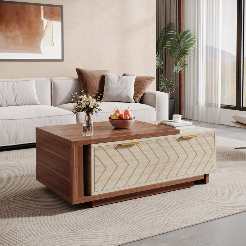 Extendable Coffee Table With 2 Storage Drawers, Dual-Tone Center Table With Sliding Tabletop, Brown/Beige