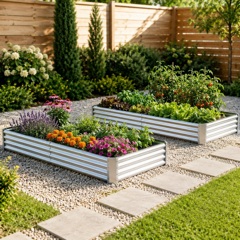 Ensemble de 2 jardinières rectangulaires surélevées en métal, Argent, H 11,81 po x l 70,87 po x P 35,83 po
