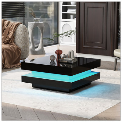 Table basse carrée ultra-brillante à 2 niveaux avec éclairage à DEL, centre de table idéal pour les salons modernes et les salles de réception