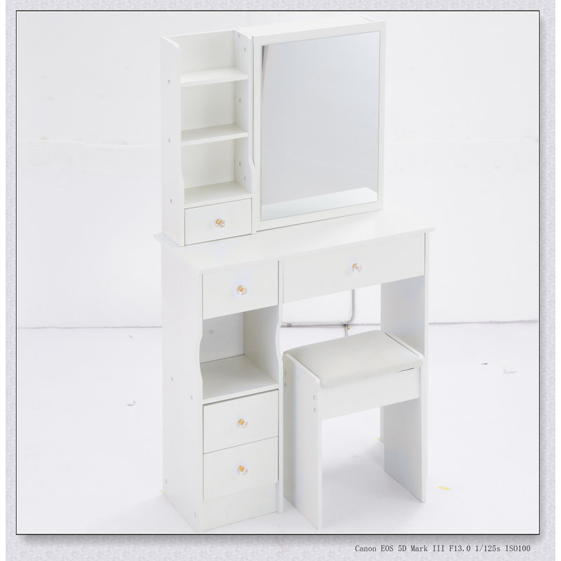 Compact Vanity Table With Large Sliding Mirror, Multi-Layer Storage, And Padded Stool For Small Spaces