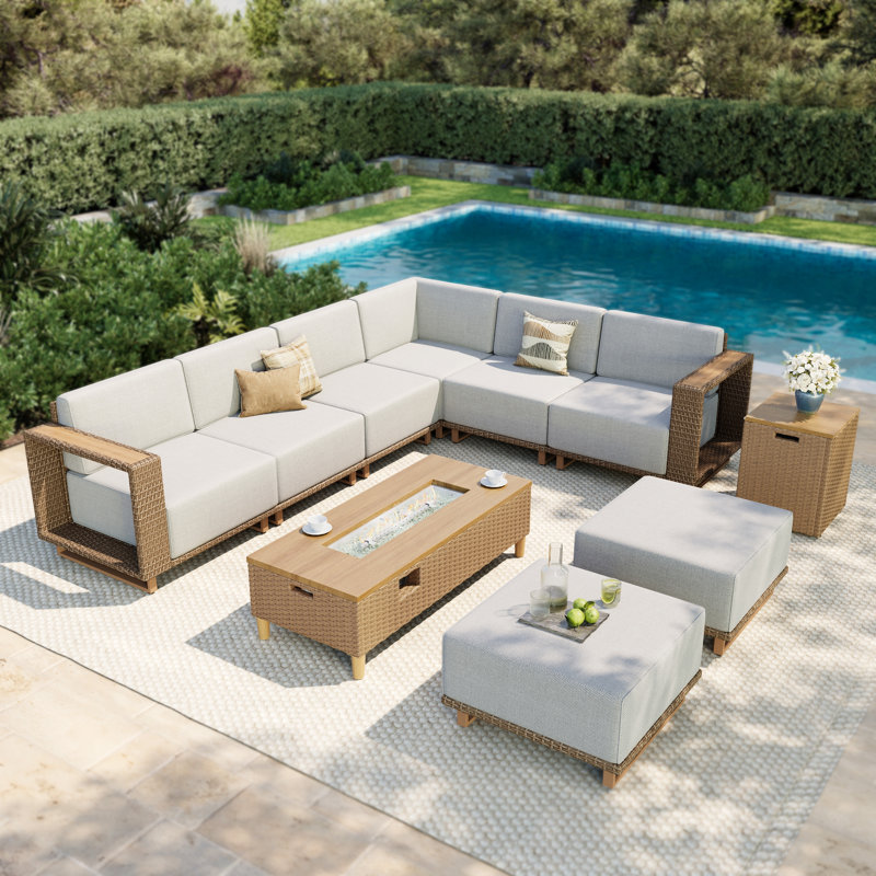 8- Person Outdoor Wicker Patio Conversation Furniture Set With Fire Pit Table, 5 Pcs: 2 Tables, Sectional, 2 Ottomans