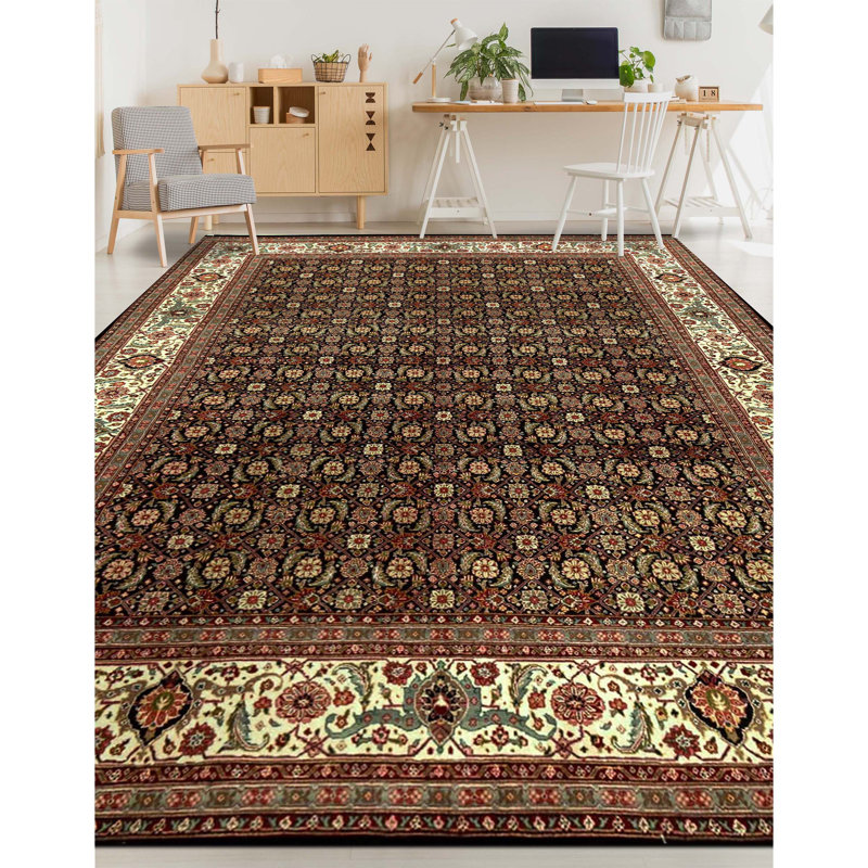 Tapis noir et ivoire de haute qualité noué à la main