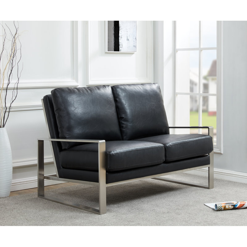 Iosif 53" Modern Faux Leather Loveseat with Polished Silver Metal Base – Square Arm Tuxedo Couch – Luxury Mid-Century Seating for Living Room or Office