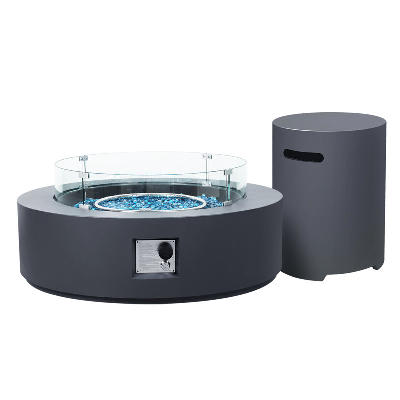 Magnesium Oxide Propane Outdoor Fire Pit Table with Tank Cover, Rain Cover and Wind Guard, Gray