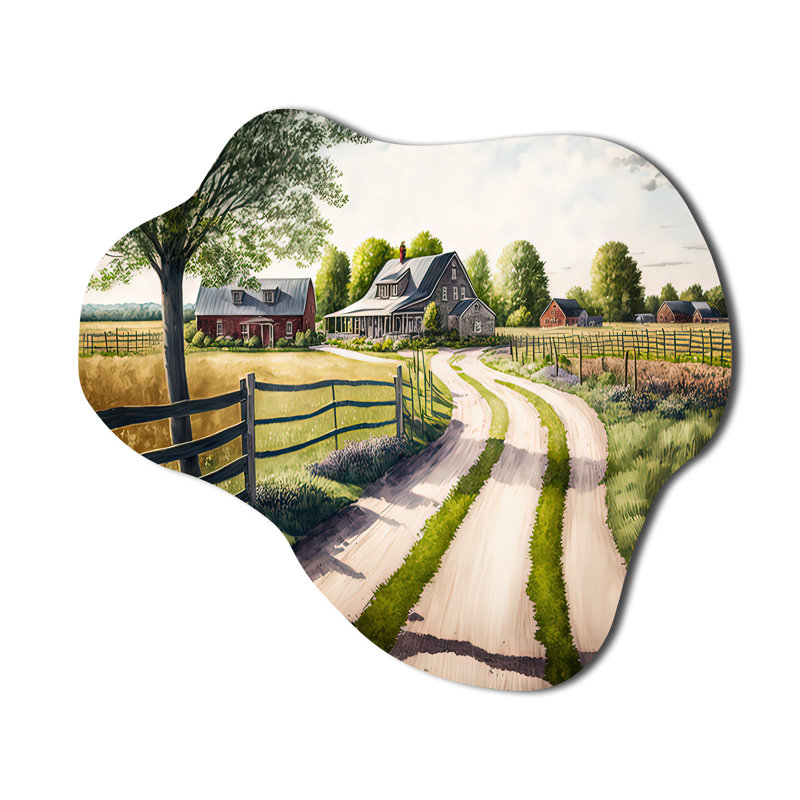 Calm Red Barn In Spring IV - Cloud Barn Landscape, reproduction d'art murale en métal asymétrique, H 25 po x l 28 po x P 1 po