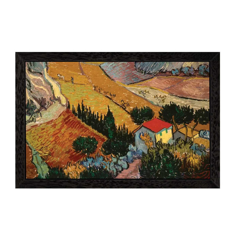 Landscape with House and Ploughman, 1889 by Vincent Van Gogh - 1 Piece Floater Frame Painting on Canvas, Black Framed