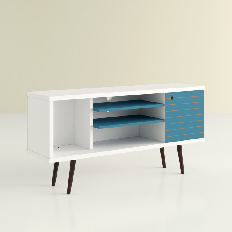 Liberty 53" Mid-Century Modern 5-Shelf TV Stand for TVs up to 50" in Blue Slate and White, White/Aqua Blue