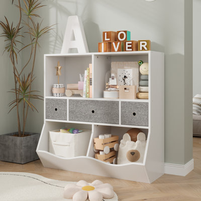 Bibliothèque de rangement en bois à 3 niveaux avec casiers ouverts et tiroirs en tissu pour chambre d'enfant