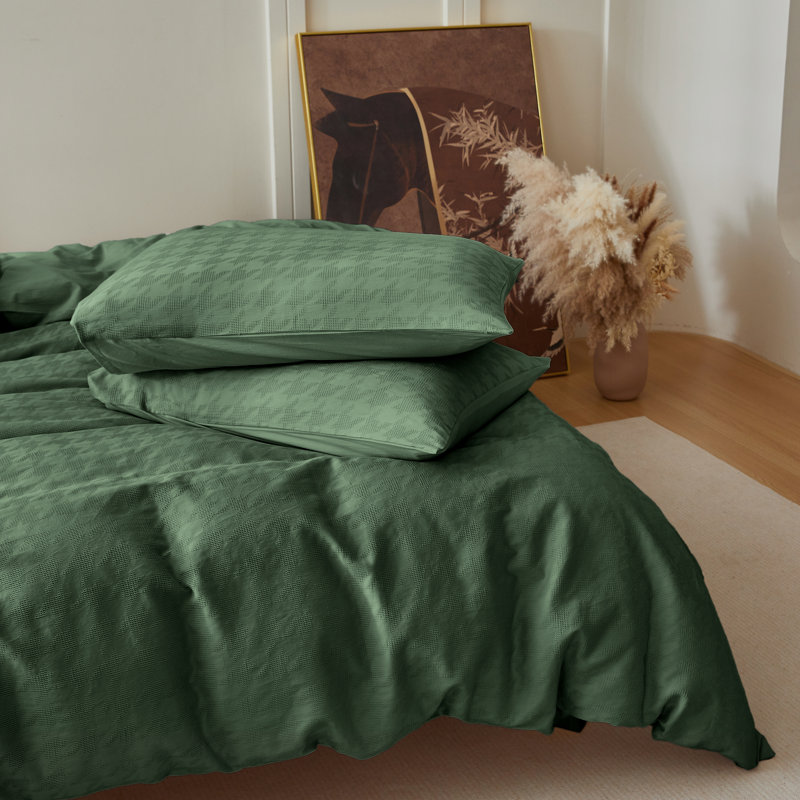 100% Cotton Houndstooth Waffle Weave Duvet Cover Set, King, Olive Green