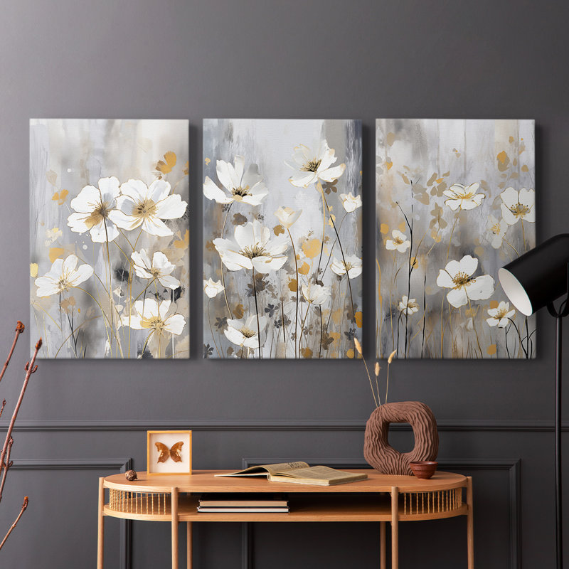 Étude florale CXLI - Ensemble de 3 toiles tendues avec châssis - Prêt à être accroché, H 12 po x l 8 po