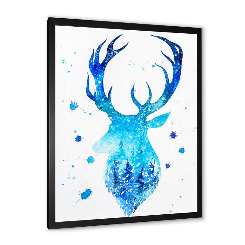 Tête de cerf bleu abstrait - Impression sur toile, Cadre photo noir, H 20 po x l 12 po