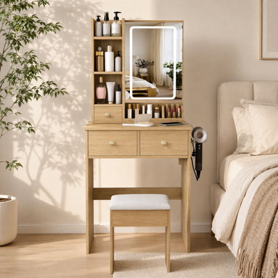 23.6" Lighted Vanity Table with Outlet, Hair‑Dryer Holder & Storage