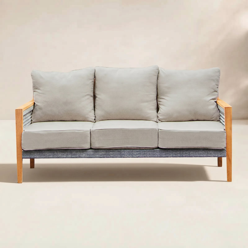 Wallace 76.25'' Wide Rectangle Teak Patio Sofa with Cushions, Beige
