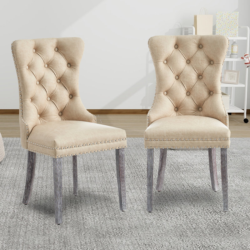 Chaises de salle à manger glamour en velours capitonné avec garniture cloutée, ensemble de 2 pieds en bois rétro pour la salle à manger et la cuisine (beige)