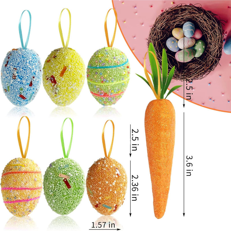 Ornements d'œuf de Pâques et ornements suspendus carotte Mousse colorée Ornements d'œuf suspendus de Pâques Mousse scintillante Carottes artificielles Décorations d'arbre de Pâques Décoration de fête