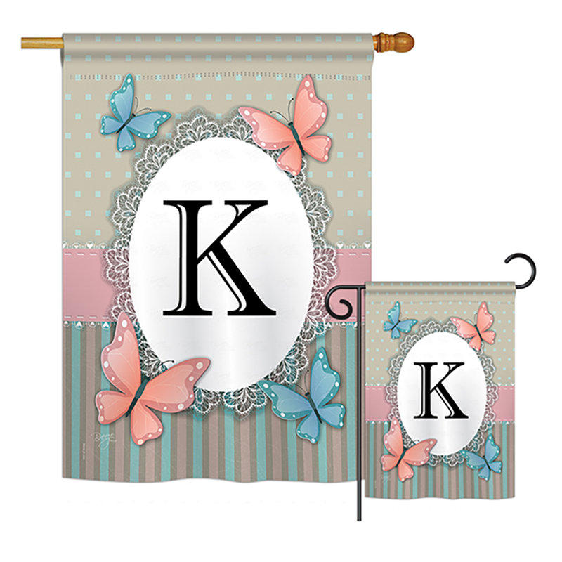 « papillons a initials », drapeau de jardin initial et grenouilles, ensemble de 2 côtés en polyester vertical décoratif, K