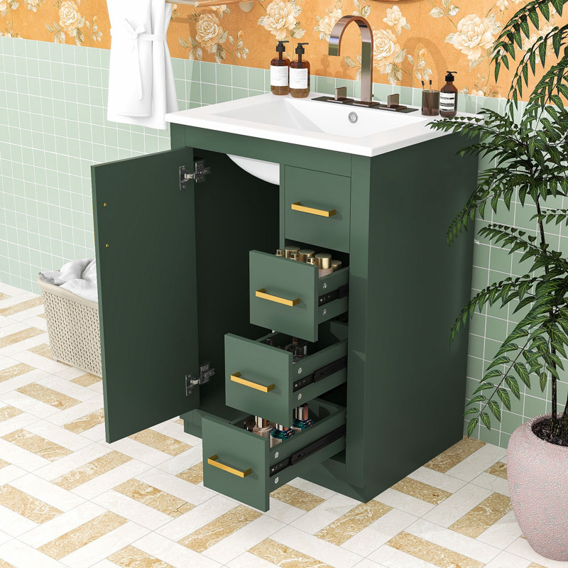 Meuble-lavabo 3 tiroirs avec lavabo en céramique et 1 porte, Green