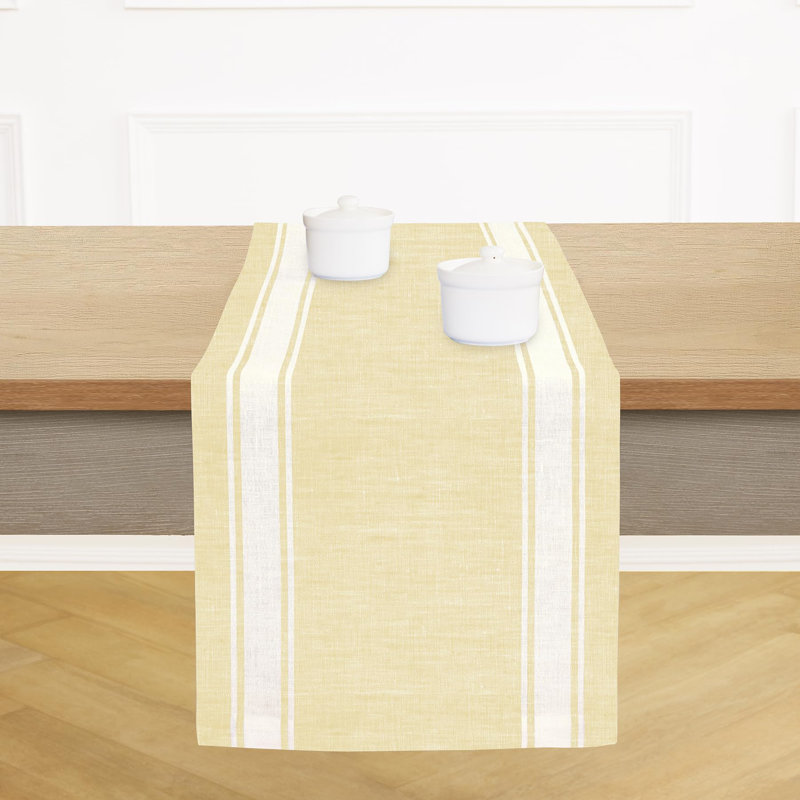 Country Stripe - 100% Pure Linen Table Runner, 60" x 14", Pale Khaki/White