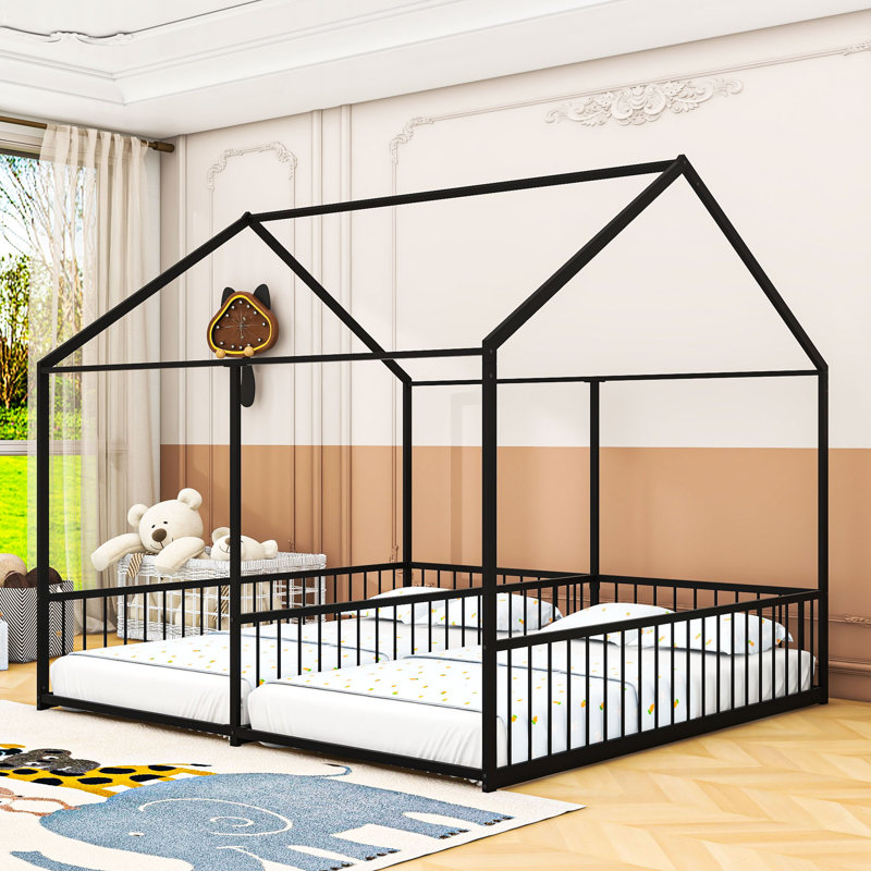Twin-Sized Metal House Platform Bed With Dual Bed Design And Safety Guardrails, Black