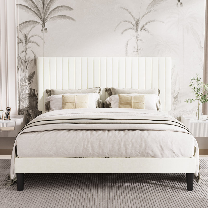 Dunphy Upholstered Platform Bed with Adjustable Headboard, Queen, Warm White