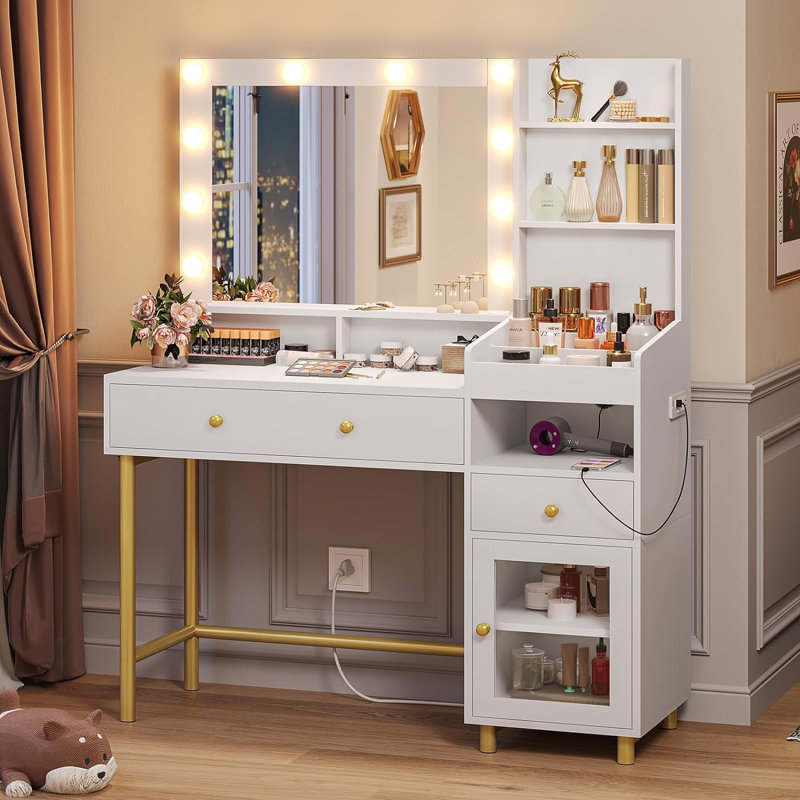 Makeup Vanity Desk with Mirror & 3 Light Colors Available, Modern Bedroom Dressing Table, White, White