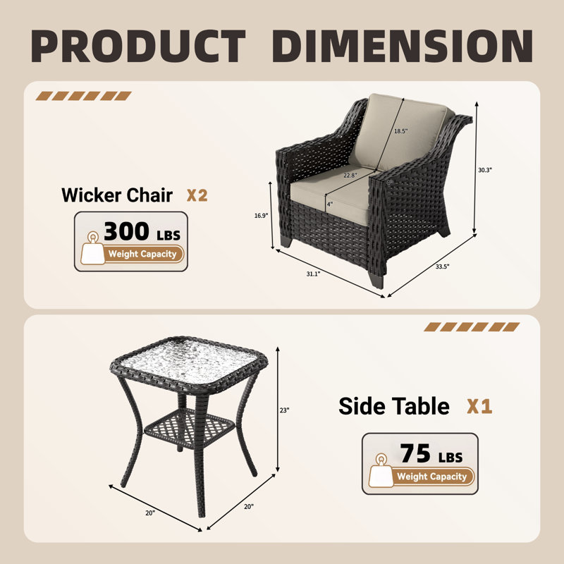 3-Piece Outdoor Rattan Wicker Conversation Set, Patio Furniture with 2 Armchairs, Removable Cushions & Tempered Glass Side Table, Weather-Resistant Garden Seating for Backyard, Porch, and Poolside