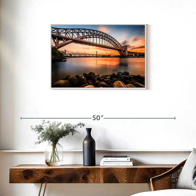 Pont Triboro au coucher du soleil, Cadre flottant blanc, 31 po x 21 po