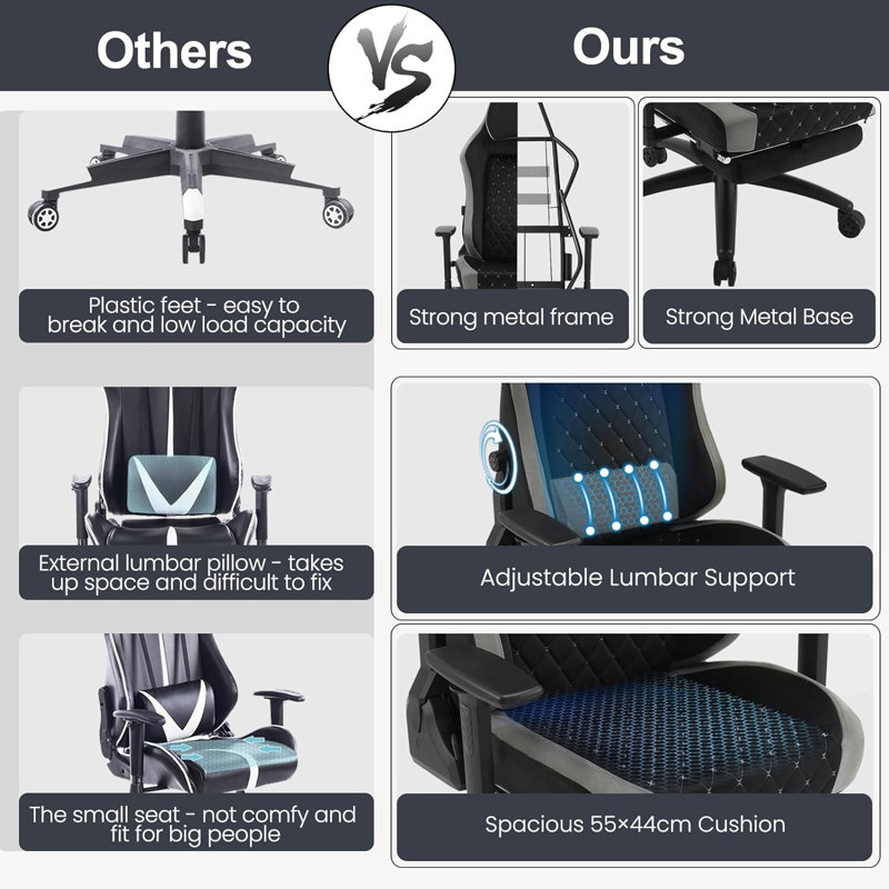 Inbox Zero Adjustable Reclining Ergonomic Swiveling PC & Racing Game Chair, Black/Grey