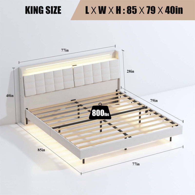 Floating Bed Frame With LED Light And Charging Station Upholstered Platform Bed Frame With Headboard And Hidden Storage Space, No Box Spring Needed
