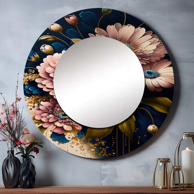 Quamae bourgogne et bleu Daisy Bunch I - miroir décoratif Daisy, miroir mural traditionnel, impression d'art en métal