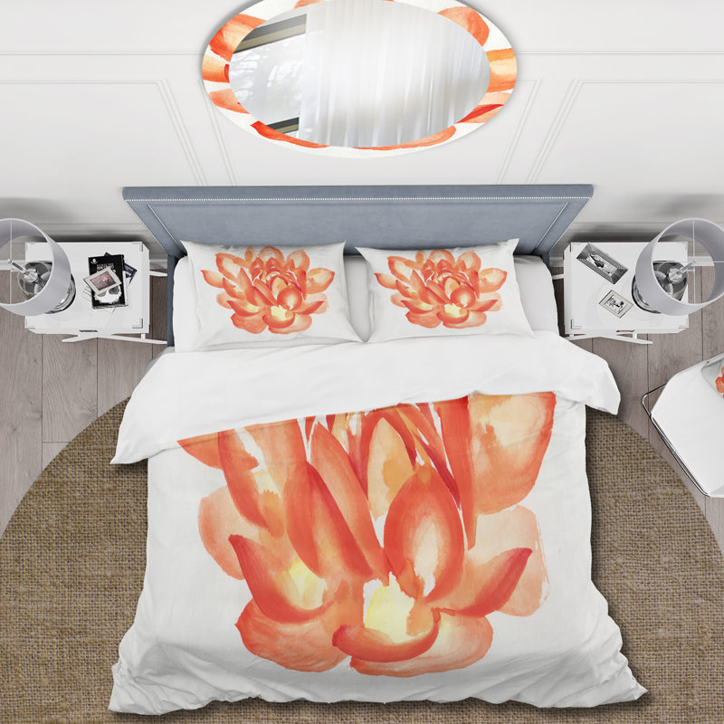 Détail rétro d'un lotus orange - ensemble de housse de couette traditionnel - microfibre de polyester